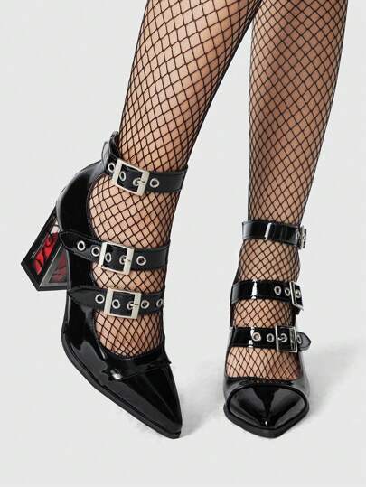 Women's Dark Rock Punk Closed-Toe Buckle Metal Strap Goth Mary Jane Small Platform Dress Heels Shoes Spring Shoes Spring Break Easter Prom Heels