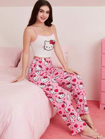 HELLO KITTY AND FRIENDS | SHEIN 女士可爱卡通猫咪蝴蝶结图案白色吊带上衣和粉色长裤睡衣套装，Y2K，甜美，日常，居家，休闲，夏季