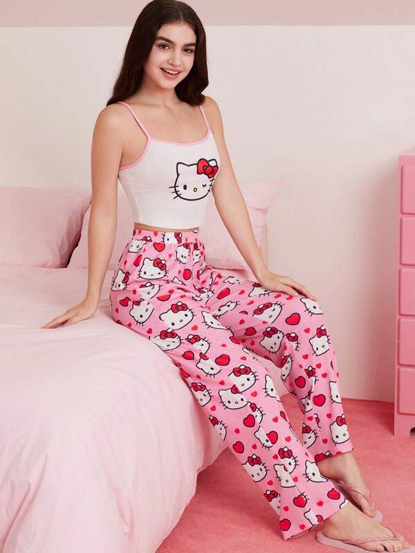 HELLO KITTY AND FRIENDS | SHEIN Women's Cute Cartoon Cat Bow Pattern White Cami Top & Pink Trousers Pajamas Set, Y2K, Sweet, Daily, Home, Leisure, Summer