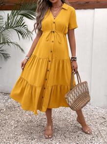 SHEIN Váy bầu màu trơn có nút cài phía trước viền bèo nhún cho kỳ nghỉ hè dành cho bà bầu - Màu vàng - Xem 3