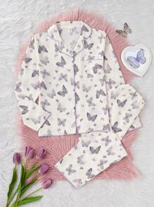 2 件套青少年女孩杏色蝴蝶印花长袖开衫和裤子休闲舒适家居服 - 杏色 - 查看 3