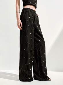 Arave Pantaloni a gamba larga da donna, di colore unito con decorazioni in finta perla, di moda per l'estate, set da 2 pezzi, pantaloni, casual business per donna