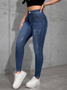 SHEIN PETITE Jeans casual di moda da donna, vita alta, slim fit