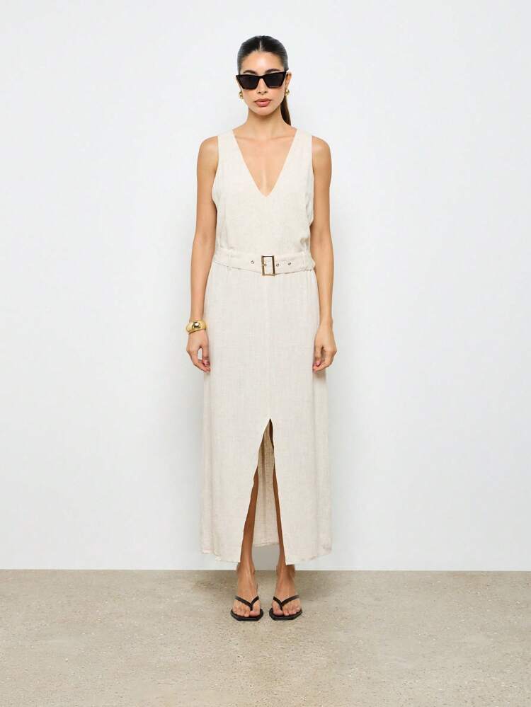 Elegant Belted V-Neck Split-Front Sleeveless Linen Maxi Dress