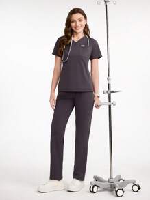 Scrubzie Solid Color V-Neck Scrub Top With Pocket And Pants, Scrub Uniform Set - Dark Grey - View 1