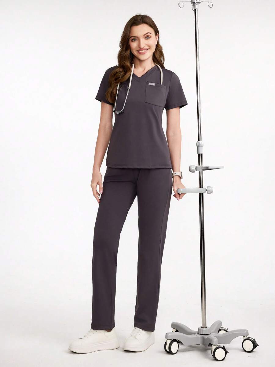 Scrubzie Solid Color V-Neck Scrub Top With Pocket And Pants, Scrub Uniform Set - Dark Grey - View 1