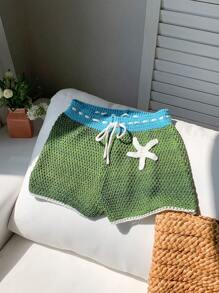 SHEIN EZwear Shorts a maglia, in stile vacanza al mare, con design traforato e vita bassa a contrasto di colore
