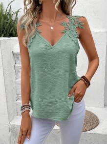 SHEIN Frenchy Vacation Casual Solid Color Lace Trim Camisole Summer Green Christmas - Green - View 3