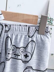 2pcs Tween Boys Snug Fit Cartoon Game Print Crew Neck Short Sleeve Shorts Comfortable Casual Pajama Set