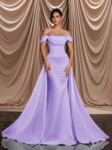 Glamrae Elegant Luxurious Beige Off Shoulder Neckline Dress With Faux Pearl Collar & Tie-Up Back, Ruched Fish Tail And Removable Flare Dress, Suitable For Wedding Events And Bridal Gowns, Bride - Purple - View 7