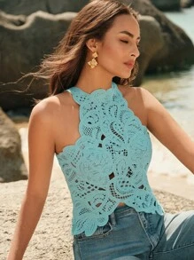 Anewsta Top tipo chaleco de punto y ganchillo con diseño floral de nuez de la india, hombros descubiertos y bajo asimétrico, elegante y sexy, para vacaciones, San Valentín, verano, playa, primavera, uso casual, vacaciones, festivales
