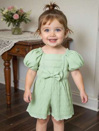 Lässiger Jumpsuit mit Rüschen, elastischem Bund und Schleifen-Dekoration, geeignet für Ausgehen und Zuhause, Grün, Frühling/Sommer