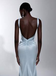 Elitara Elegante, romántico y sexy vestido de sirena azul de satén con decoración de encaje 3D floral, sin mangas, sin tirantes, hombros descubiertos y espalda descubierta, adecuado para fiestas de cumpleaños, eventos de boda y dama de honor