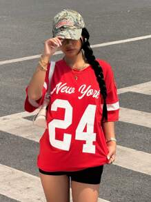 Dames Casual Color Blocking Letter Print Korte Mouw T-shirt, Lente/Zomer