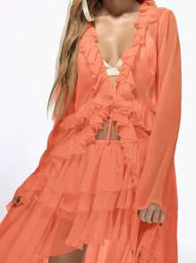 MISSGUIDED Sheer Ruffle Longline Blouse Festival Summer Beach Cover Up Flowing Party Asymmetric Boho Top Cottage Core Tie Front - Orange - View 3