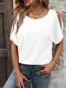 SHEIN LUNE Casual Solid Color Rhinestone Decor Off Shoulder T-Shirt, Summer - White - View 6