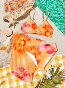 SHEIN Leap Crew Conjunto de biquini de estilo minimalista con top tipo camiseta y braguitas con estampado de plantas tropicales y flores naranjas de la colección "Coconutgirl", para chicas adolescentes en verano - Multicolor - Ver 3