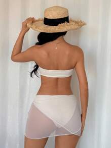 Elenzga 多件装女式时尚派对度假海滩金属装饰纯色性感抹胸式连体泳衣和可调节网眼纯色沙滩裙 2 件套 - 米色 - 查看 2