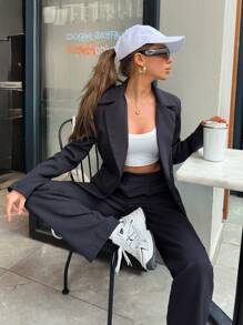 EURMUSE Lapel Neck Single Button Blazer & Suit Pants - Black - View 1