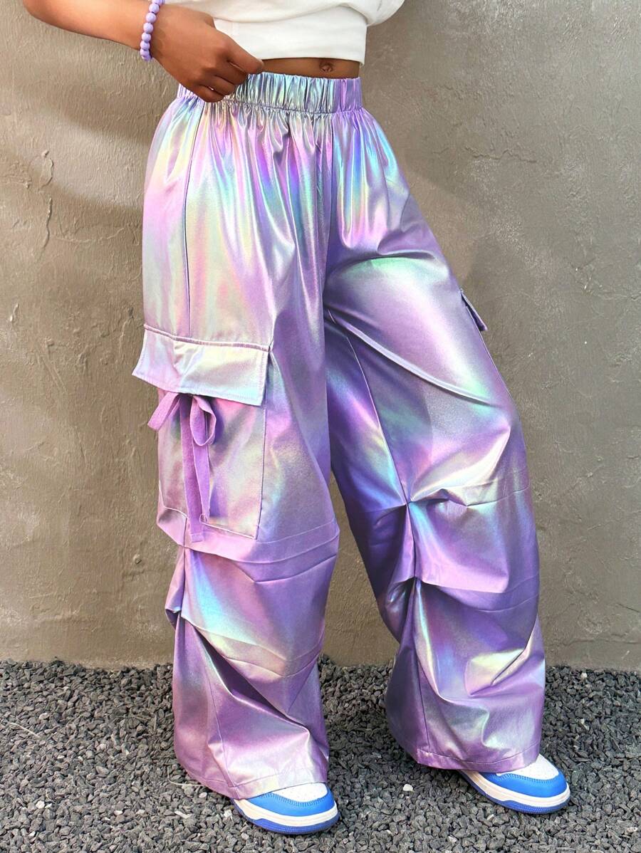 Coolane Kids Tween Girls Spring/Summer Pink Flap Pocket Side With Ribbon Drawstring Waist Wide Leg Parachute Cargo Pants Daily Casual Comfy Trousers - Mauve Purple - View 1