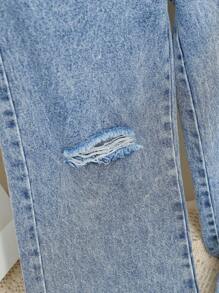 Teen Girls Y2K Style Street Fashion Vintage Light Wash Distressed Loose Straight Leg Jeans, Soft & Comfortable Fabric, Versatile Casual Wear - Medium Wash - View 6