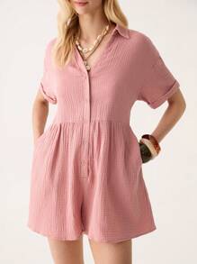 Lumivelle Women's Elegant Cotton Jumpsuit, Shirt Collar, Slanted Pockets, Cotton Fabric, Skin-Friendly - Coral Pink - View 5