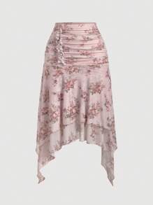 SHEIN MOD Falda asimétrica hasta la rodilla de malla con estampado floral bohemio y fruncida: rosa, fluida y