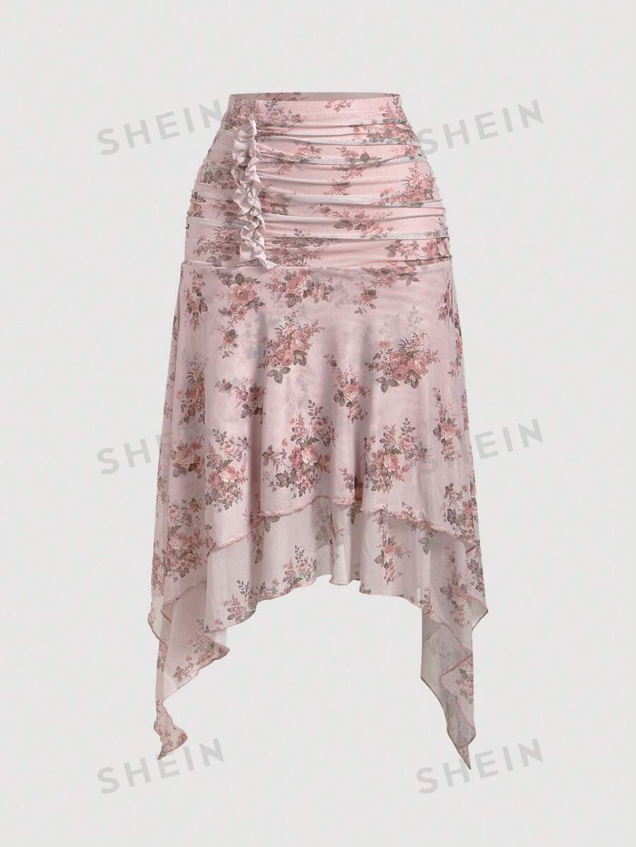 SHEIN MOD Falda asimétrica hasta la rodilla de malla con estampado floral bohemio y fruncida: rosa, fluida y