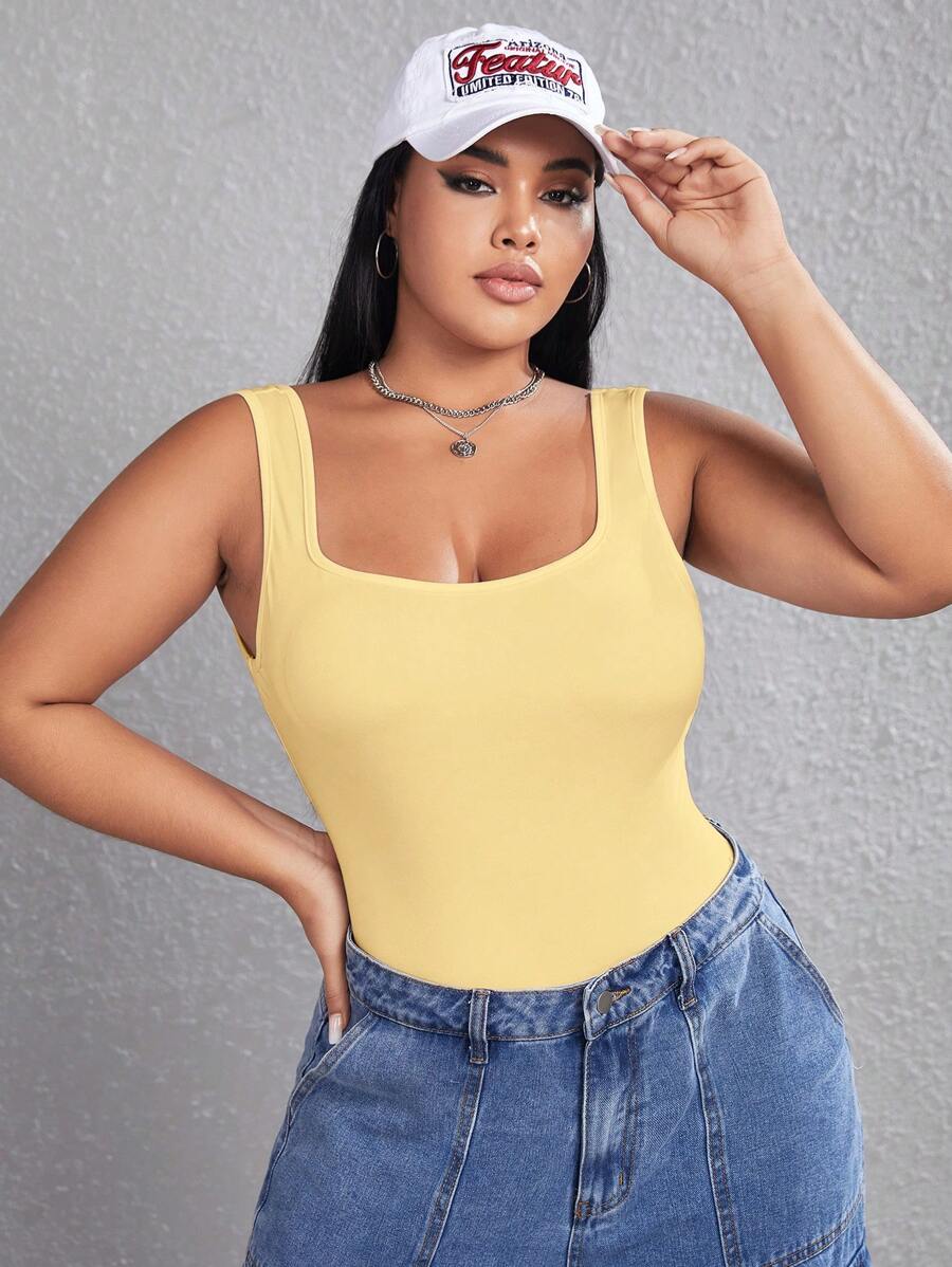 SHEIN EZwear 大码女式方领休闲紧身衣 - 黃色 - 查看 1
