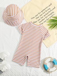 Baby Boy Striped Random Printed One-Piece Swimsuit With Free Cap - Multicolor - View 2