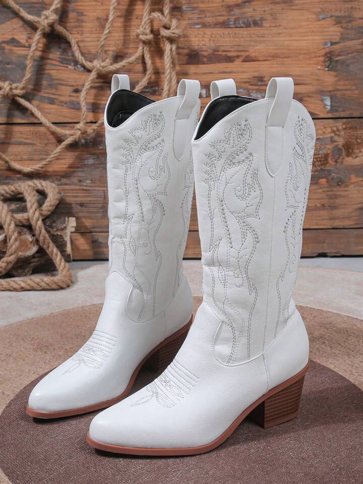 Our Fairycore Women's White Pointed Toe Embroidered Western Cowboy