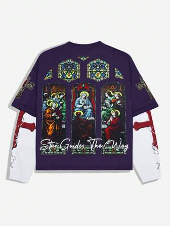 Street Life Camiseta de manga larga con estampado vintage, parches y colores contrastantes para hombre, 2 en 1