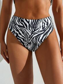 SHEIN Swim 2025 年新款流行休闲女式黑白斑马纹高腰高腿泳裤 - 黑與白 - 查看 3