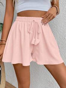 Calvaya Pantalones cortos informales sueltos con nudo retorcido de color liso, apropiados para el verano