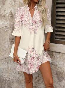 SHEIN Clasi Summer Romantic Floral Print V-Neck Short Sleeve Loose Casual Mini Dress, Suitable For Daily Outing Summer Outfits For Women Vacation Dress Modest Dresses For Women Tea Party Dress,Summer Dresses For Women Summer Outfits For Women