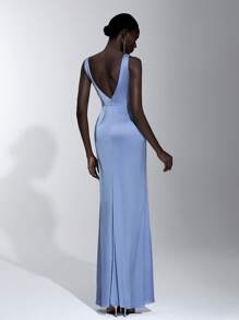 Elitara Elegant, Romantic, Sexy Blue Satin Elastic Hollow Out Backless Sleeveless Camisole, Open Shoulder, Bodycon Mermaid Dress, Suitable For Birthday Party, Wedding, Bridesmaid