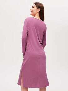 LUVLETTE Soft 100% Pure Cotton V-Neck Lace Elegance Trim Long Sleeve Nightgown Lingerie& Pyjamadressing - Dusty Purple - View 2