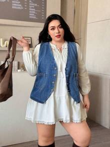 SHEIN ICON 大码休闲洗水牛仔背心/夹克 - 中等水洗藍 - 查看 7