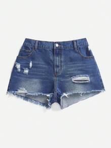 SHEIN LUNE 大码女式口袋破洞流苏下摆休闲牛仔短裤 - 深色水洗藍 - 查看 3