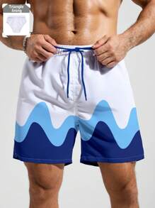 Manfinity Swimmode Men's Summer Contrast Color Drawstring Waist Beach Shorts - Blue and White - View 1