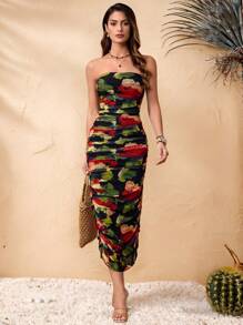 Almamuse Abito lungo donna con stampa floreale, aderente e senza maniche, smanicato e dallo stile lusinghiero