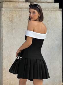 SHEIN Essnce Women's Elegant Color Block Off Shoulder Top And Pleated Skirt 2 Pieces Set, Summer - Black and White - View 5