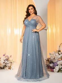 SHEIN Belle Vestido de dama de honor de tul con lentejuelas, volantes, mangas abullonadas, decoración de tela plisada, elegante y romántico, en azul polvoriento de talla grande - Neblina azul - Ver 4