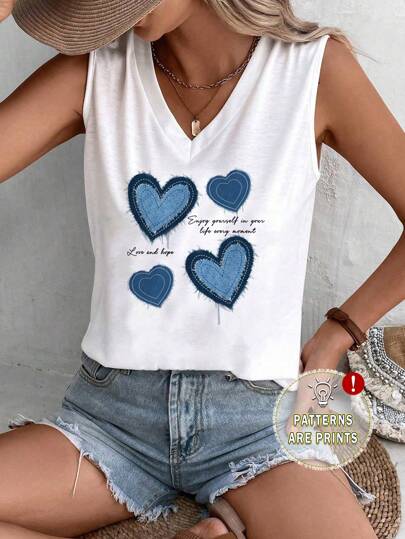 SHEIN LUNE Plus Size Women's Heart Print Fitted V-Neck Tank Top, Simple & Versatile, Suitable For Summer