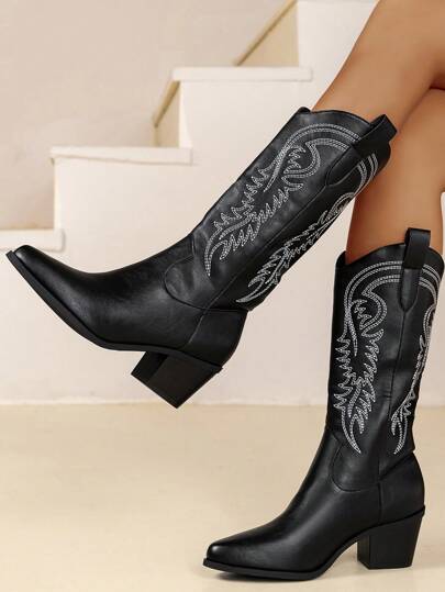 Goth Women's Black Western Cowboy Boots With Embroidery, Pointy Toe & Chunky Heel, New Arrivals For Spring/Autumn Spring Shoes