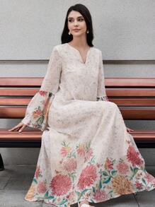 Al Najma 优雅浪漫刺绣花朵宽松泡泡袖青春派对连衣裙，端庄 - 彩色 - 查看 1