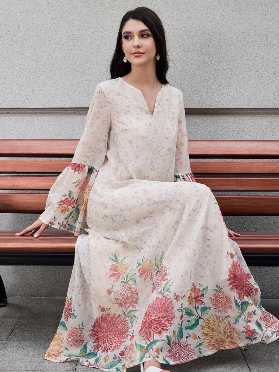 Al Najma 优雅浪漫刺绣花朵宽松泡泡袖青春派对连衣裙，端庄 - 彩色 - 查看 1