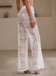 Swim Chiccia Elegant Resort Lace Crochet-Look Swimsuit Cover Up For Summer Beach Vacation - White - View 2