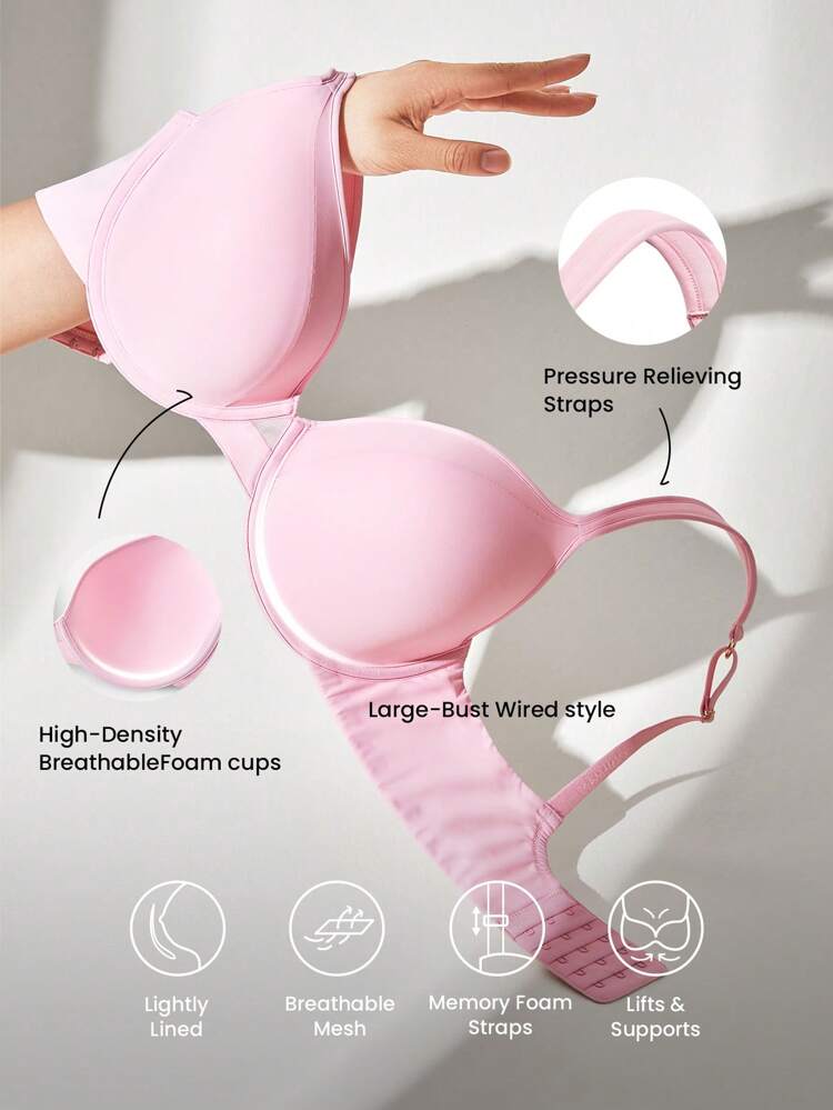 Sujetador básico rosa con soporte de curva plus, soporte de cobertura total suave, tirantes anchos y efecto push-up