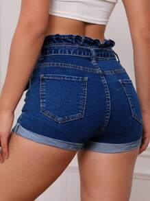 SHEIN Frenchy Casual Paper Bag Waist Roll Up Hem Slim Fit Denim Shorts, Summer - Dark Wash - View 5